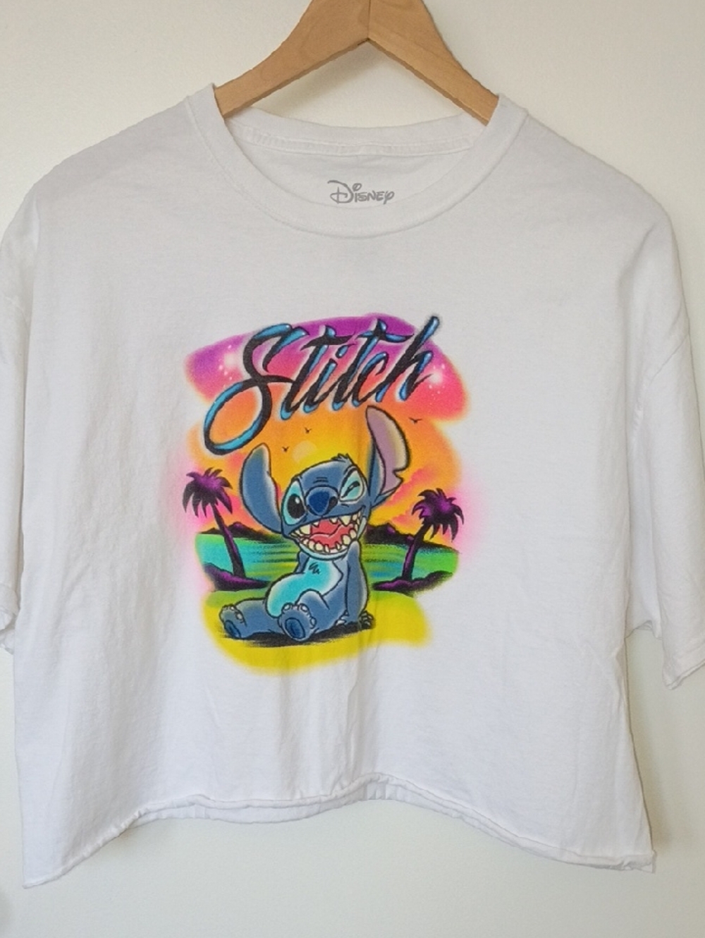 Disney White Crop Tee with Neon Stitch Beach Graphic